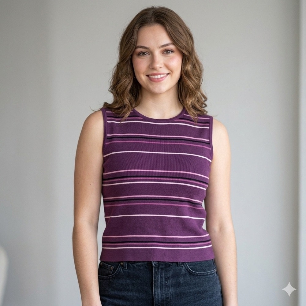 Vtg 90s Y2K Purple Striped Knit Sweater Tank Top Medium‎ 100% Cotton Minimalist